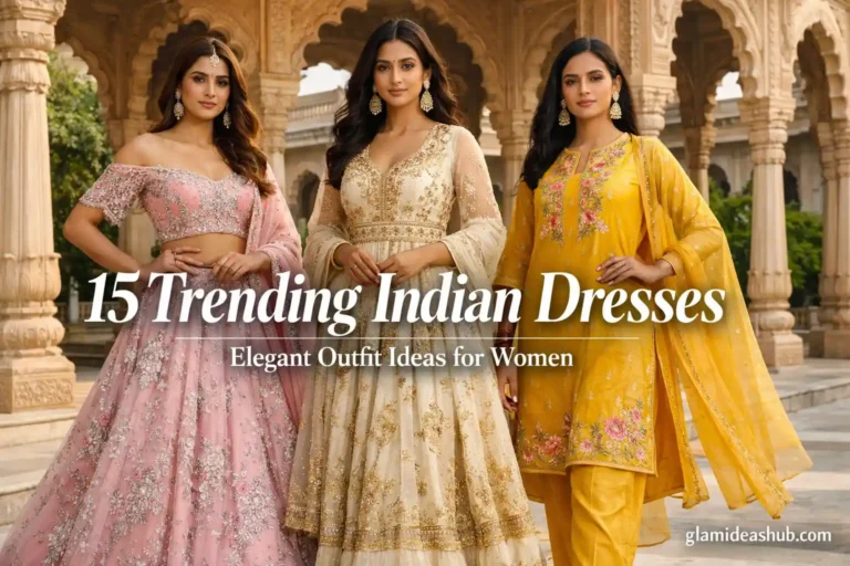 Collage of trending Indian dresses including lehenga Anarkali and kurta set elegant ethnic fashion ideas for women