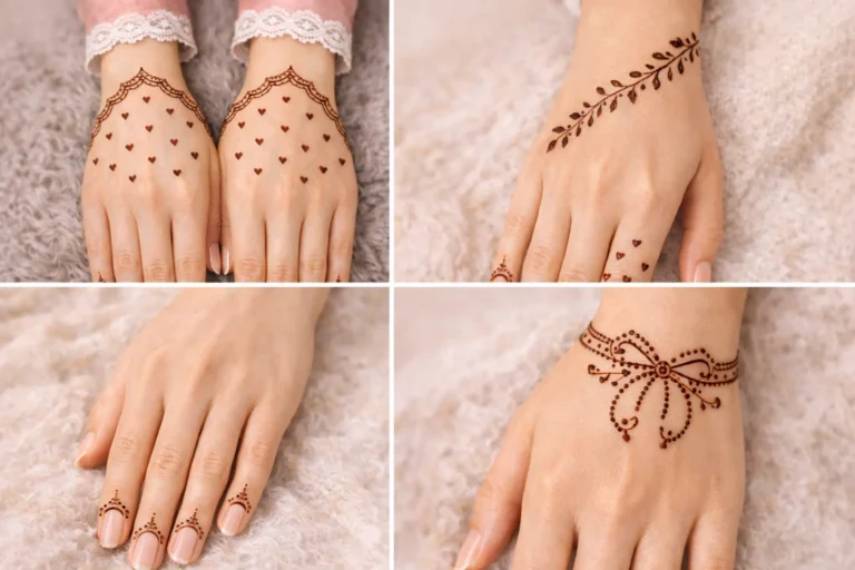 minimal mehndi designs collage with heart henna pattern leafy vine finger mehndi and bow bracelet style simple modern henna inspiration