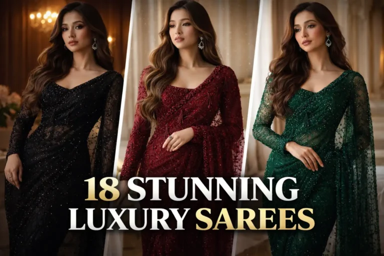 18 stunning luxury sarees collage featuring black maroon and emerald green designer party wear sarees for elegant women