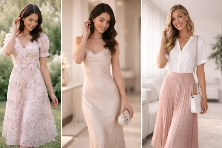 bridal shower guest outfit ideas collage floral dress satin slip dress pleated skirt chic feminine looks
