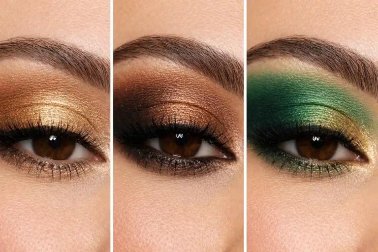 three panel collage showing eyeshadow looks for brown eyes bronze smoky eye makeup, and green glitter eye makeup with long lashes and defined brows trendy eye makeup inspiration