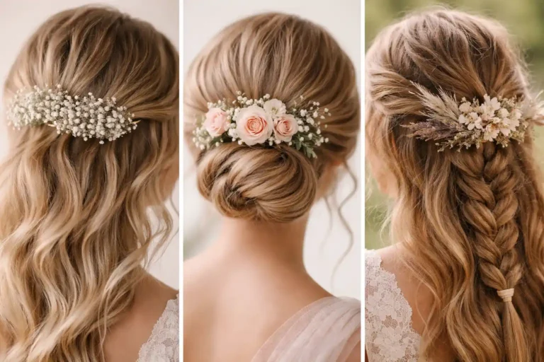 bridal floral hair comb ideas hairstyles collage featuring baby breath rose and boho dried flower hair combs styled in romantic waves low bun and braided bridal hair inspiration