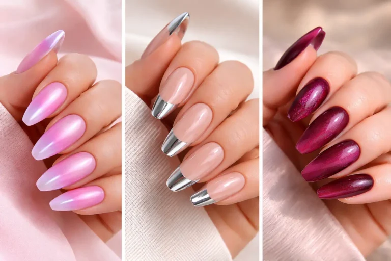 Collage of trendy acrylic nail ideas designs including pink chrome nails, chrome french tip nails, and burgundy chrome manicure displayed in a three image grid stylish nail inspiration.