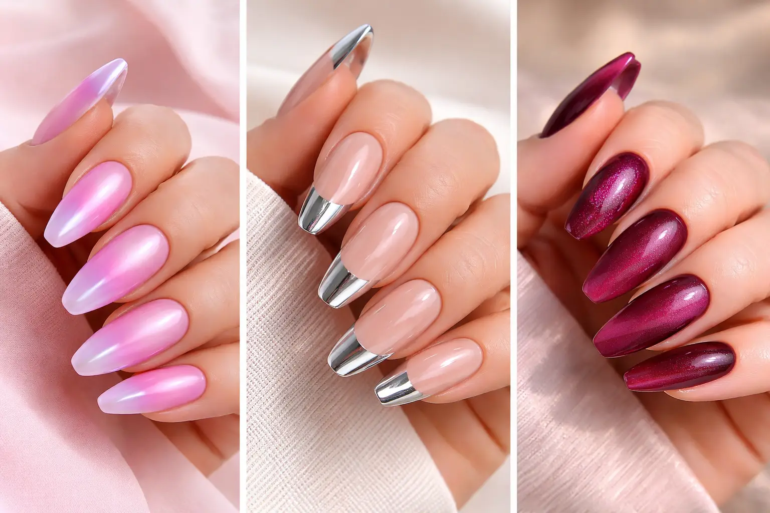 Collage of trendy acrylic nail ideas designs including pink chrome nails, chrome french tip nails, and burgundy chrome manicure displayed in a three image grid stylish nail inspiration.