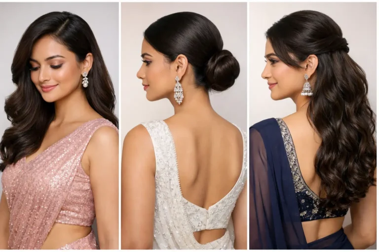 Stylish collage of three elegant hairstyles for sarees including glamorous side swept waves, sleek low bun, and voluminous half up half down hairstyle, modern Indian women wearing designer sarees perfect for wedding, party and festive hairstyle inspiration.