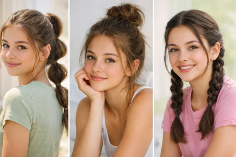 Collage of cute hairstyles for school girls featuring bubble ponytail messy bun and braided pigtails, trendy easy hairstyles for school girls that look stylish and quick.