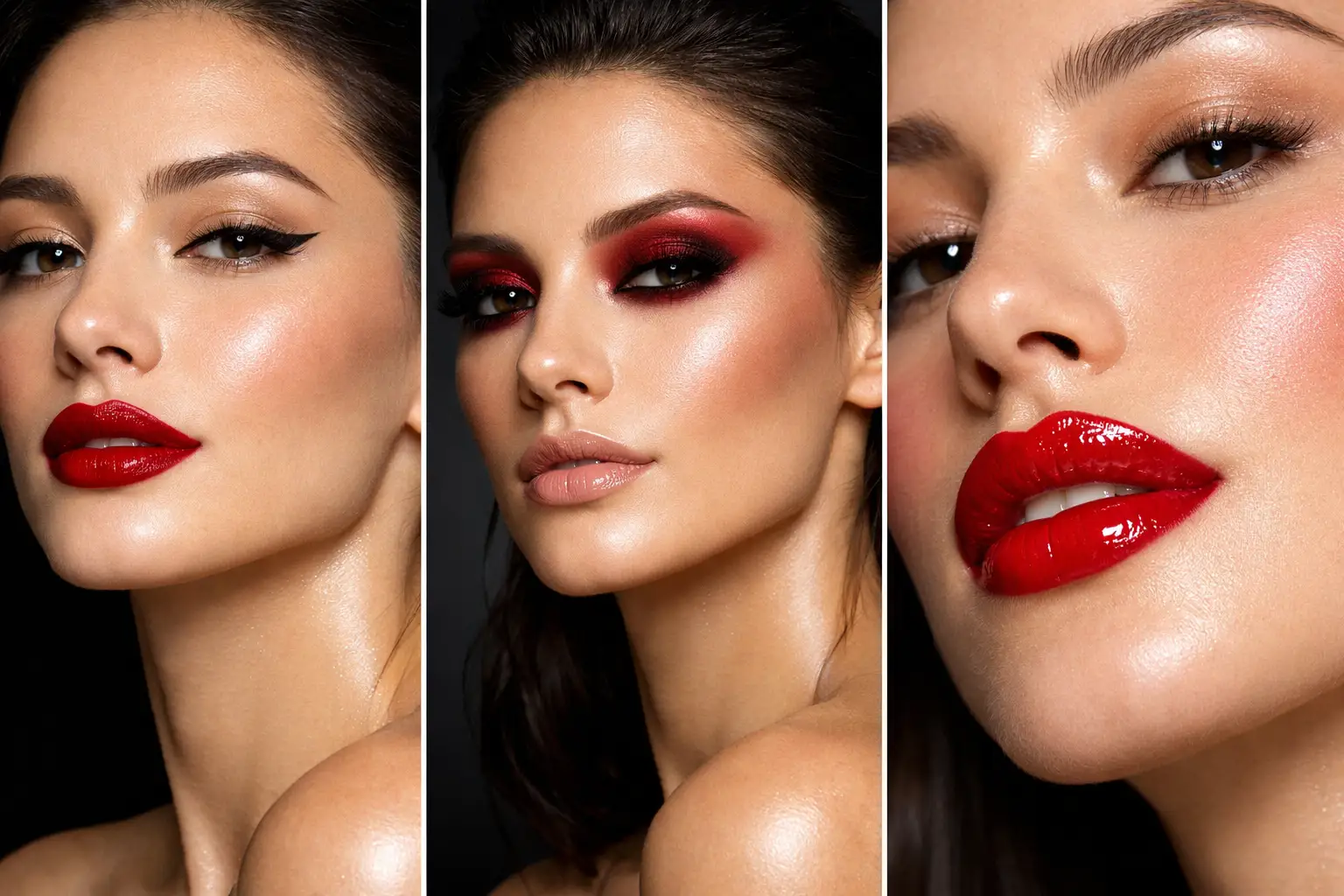 Cherry red makeup looks collage featuring glossy red lips smokey red eyeshadow and glowing skin beauty looks creating a bold glamorous makeup inspiration perfect for red makeup trends