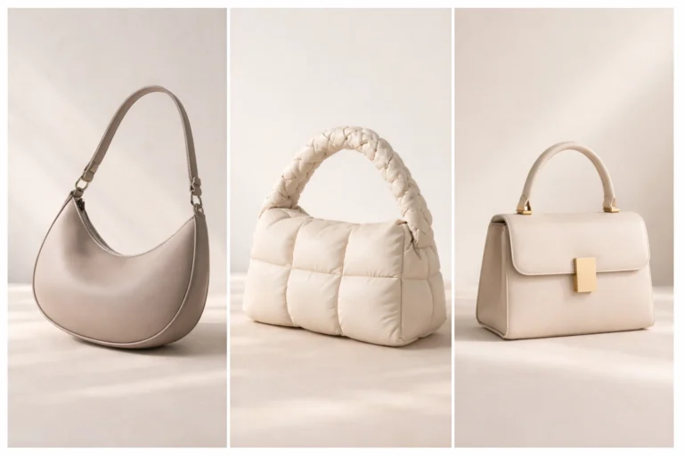 Modern handbag sewing patterns collage featuring crescent moon bag, quilted pillow handbag and structured top handle purse, stylish DIY bag ideas trending on Pinterest sewing projects