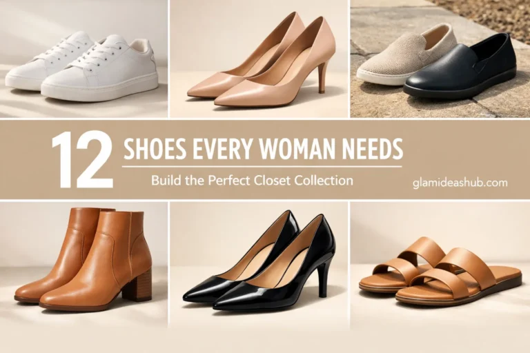 12 shoes every woman needs in her closet collage featuring sneakers heels flats boots loafers and sandals essential women shoe collection guide