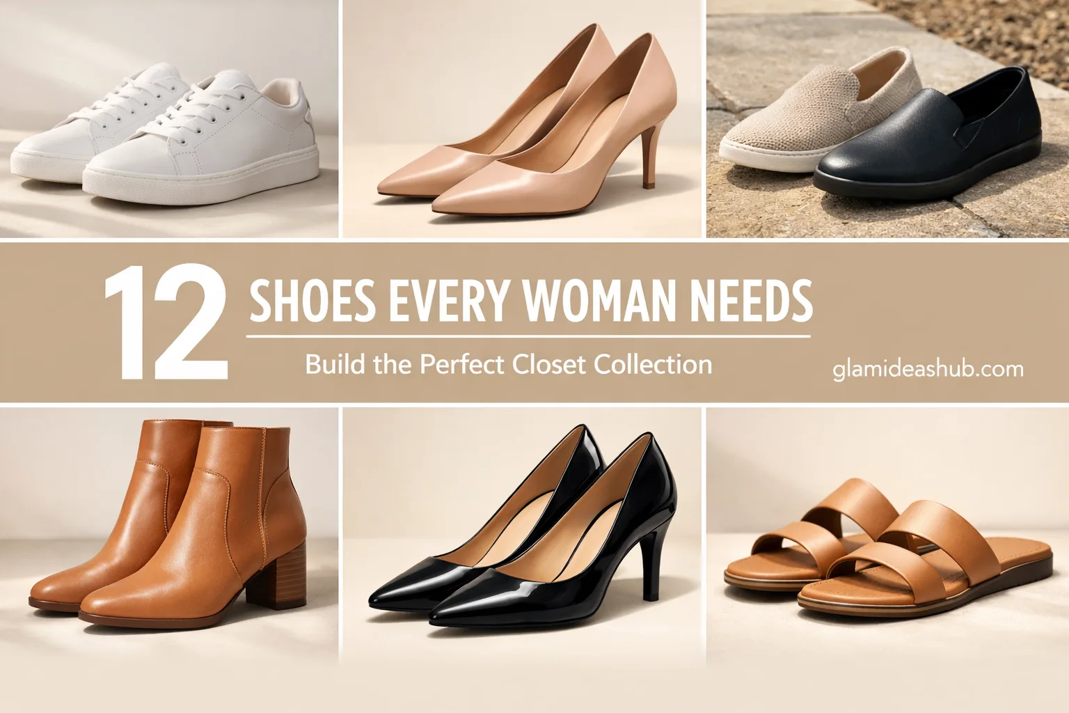 12 shoes every woman needs in her closet collage featuring sneakers heels flats boots loafers and sandals essential women shoe collection guide