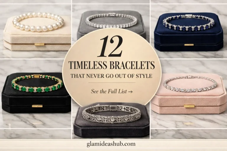 12 timeless bracelets that never go out of style collage featuring pearl bracelet, diamond tennis bracelet, emerald bracelet, sapphire bracelet and vintage bracelet displayed on luxury jewelry boxes old money bracelets aesthetic