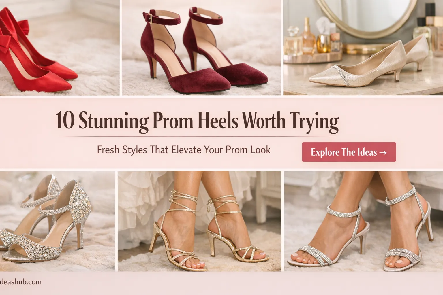 10 stunning prom heels collage featuring red satin heels burgundy ankle strap heels gold strappy heels and sparkling rhinestone prom shoes elegant prom footwear inspiration
