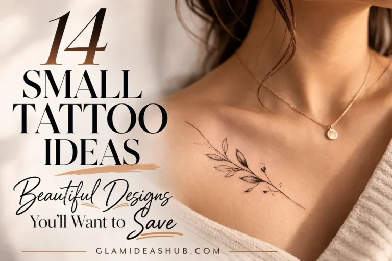 featured image showing elegant collarbone tattoo with botanical fine line design and text 14 small tattoo ideas beautiful designs you will want to save stylish feminine tattoo inspiration for women