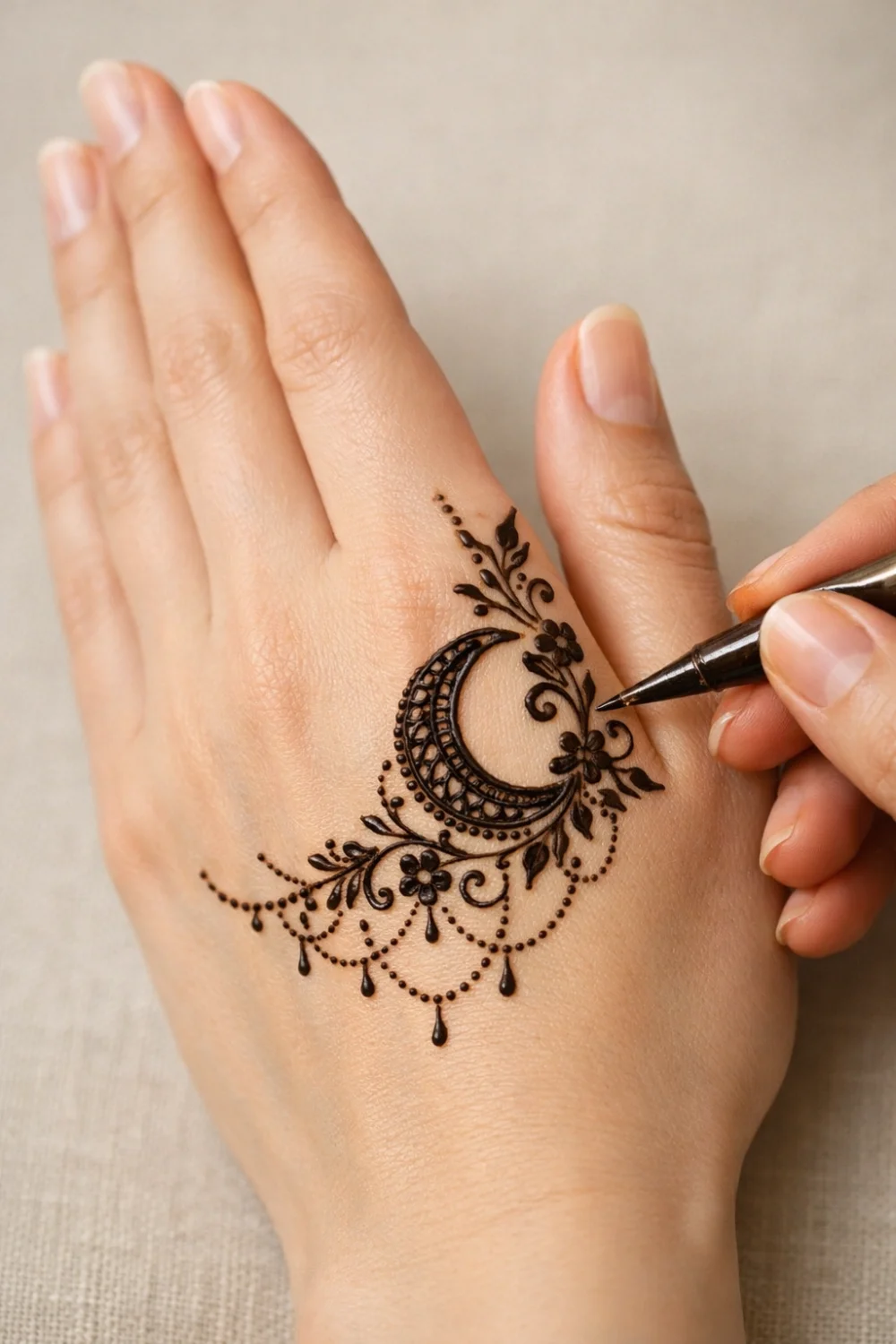 Elegant crescent side moon mehndi design with delicate floral vines and dotted chain details on the back of the hand, stylish Arabic henna pattern perfect for Eid, weddings, and festive celebrations.