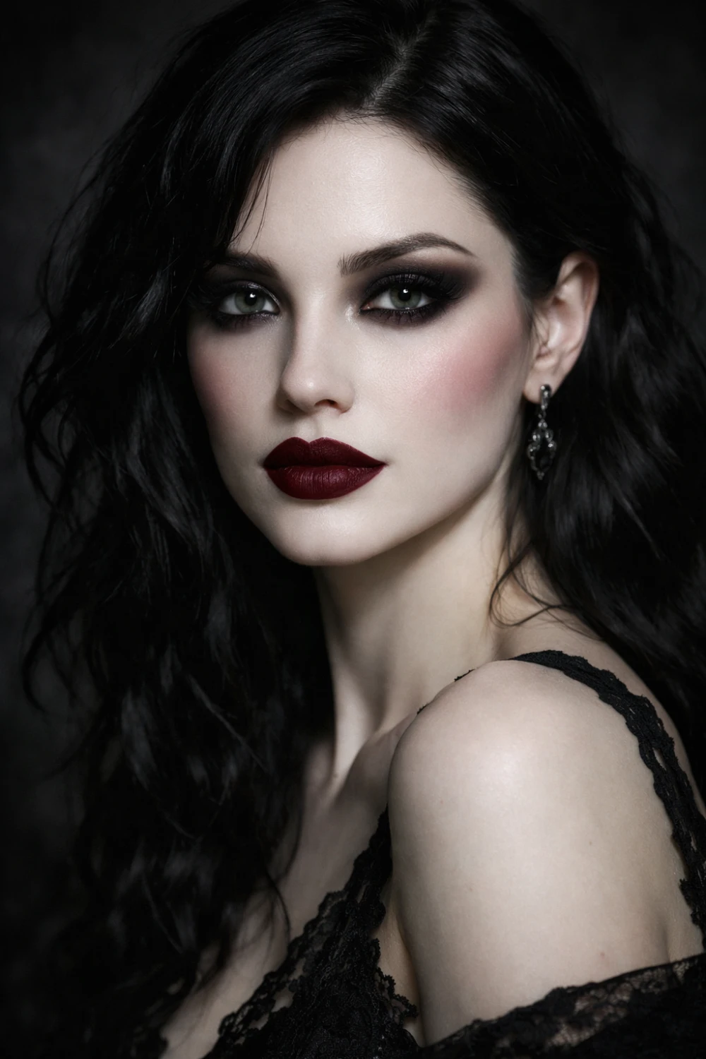 Dark romantic gothic rose makeup look featuring deep burgundy lipstick, dramatic smoky eyes, pale porcelain skin and elegant gothic styling creating a hauntingly beautiful dark feminine aesthetic perfect for dramatic beauty inspiration