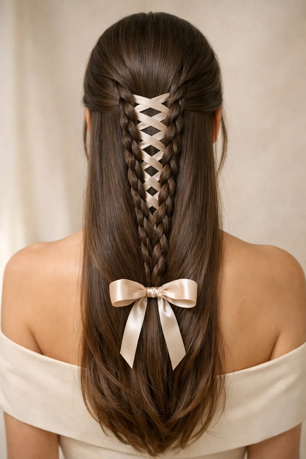 Classic ribbon corset braid hairstyle with satin lace ribbon woven through two neat braids forming an elegant crisscross corset design finished with a soft bow, perfect romantic hairstyle idea for long hair