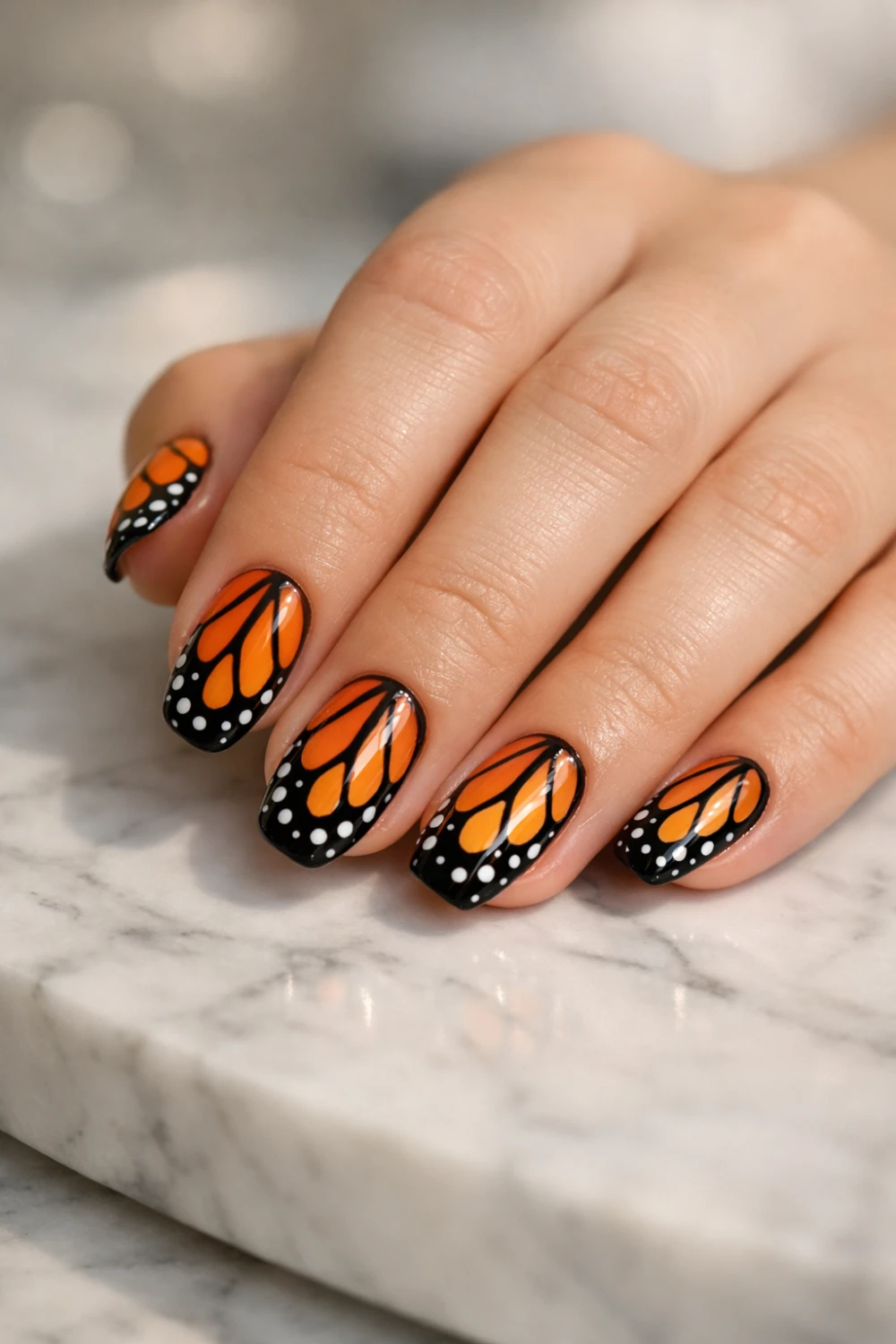 Full female hand with fingers and thumb showing monarch butterfly wing nail art with bright orange and black wing patterns, glossy gel manicure, detailed butterfly nail design inspiration