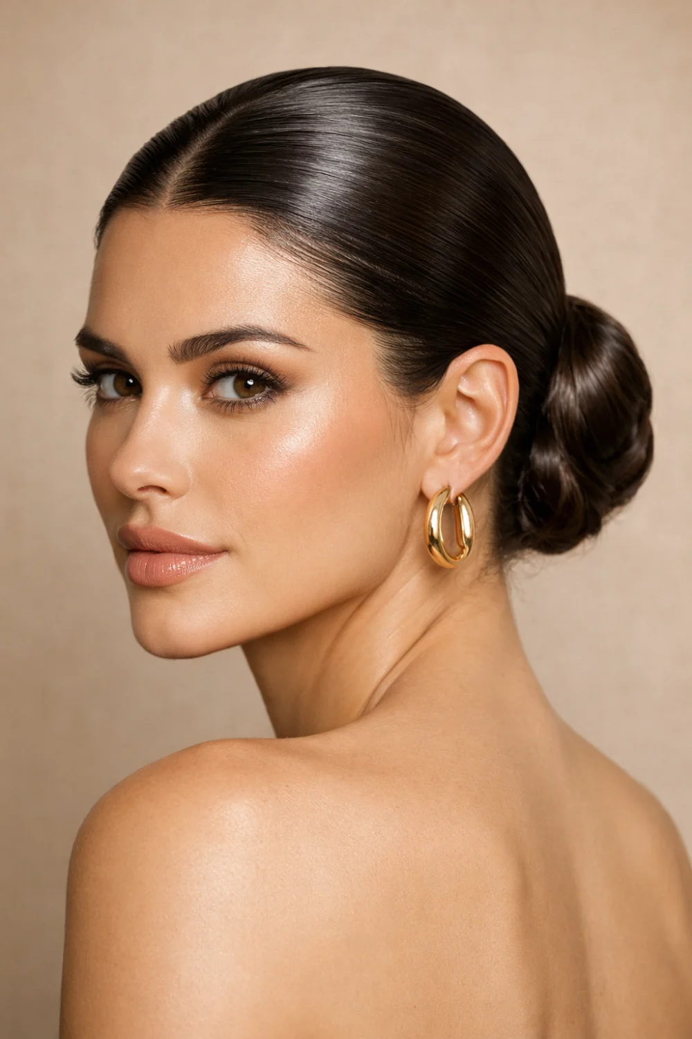 Elegant slicked back low bun hairstyle with glossy smooth hair and a clean center part styled in a luxury salon, a timeless polished bun idea for chic modern women.
