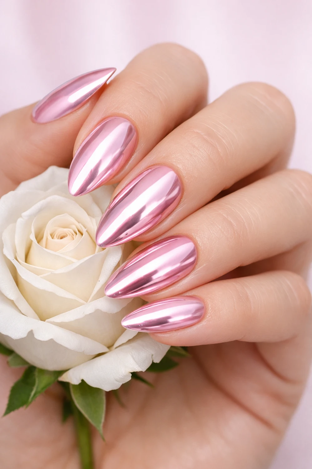 Elegant pink chrome almond nails with mirror metallic shine reflecting soft studio lighting, glossy metallic manicure aesthetic with feminine styling and soft floral background, trendy pink chrome nail design inspiration for modern manicures