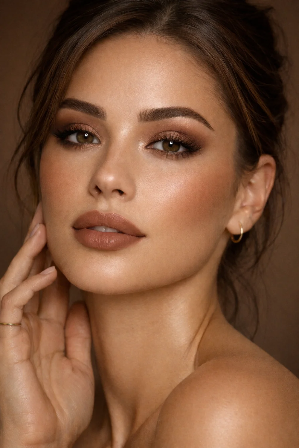 Classic latte makeup look featuring soft caramel brown eyeshadow, bronzed glowing skin and nude lips creating a warm soft glam beauty style that is trending on Pinterest and modern makeup inspiration.