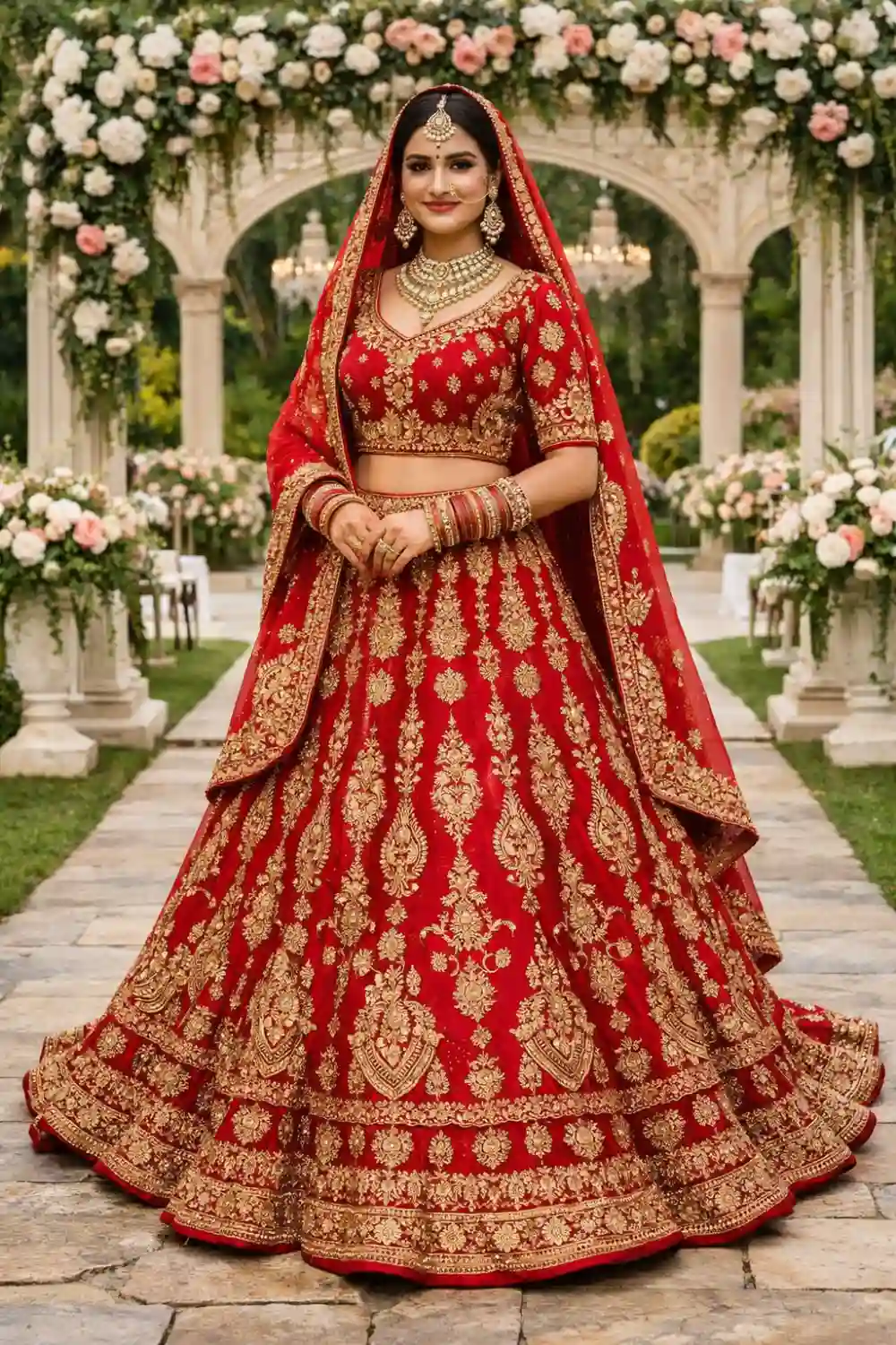 Beautiful modern Indian bride wearing a royal red embroidered bridal lehenga with intricate gold zari work, traditional bridal jewelry, and a flowing dupatta in a luxurious outdoor wedding garden setting.