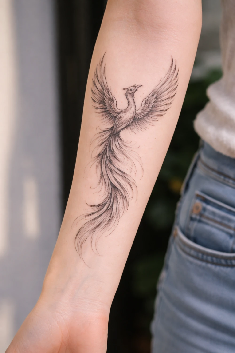Elegant phoenix rising forearm tattoo for women symbolizing resilience and rebirth, detailed fine line phoenix tattoo design trending on Pinterest as a powerful feminine strength tattoo idea for women.