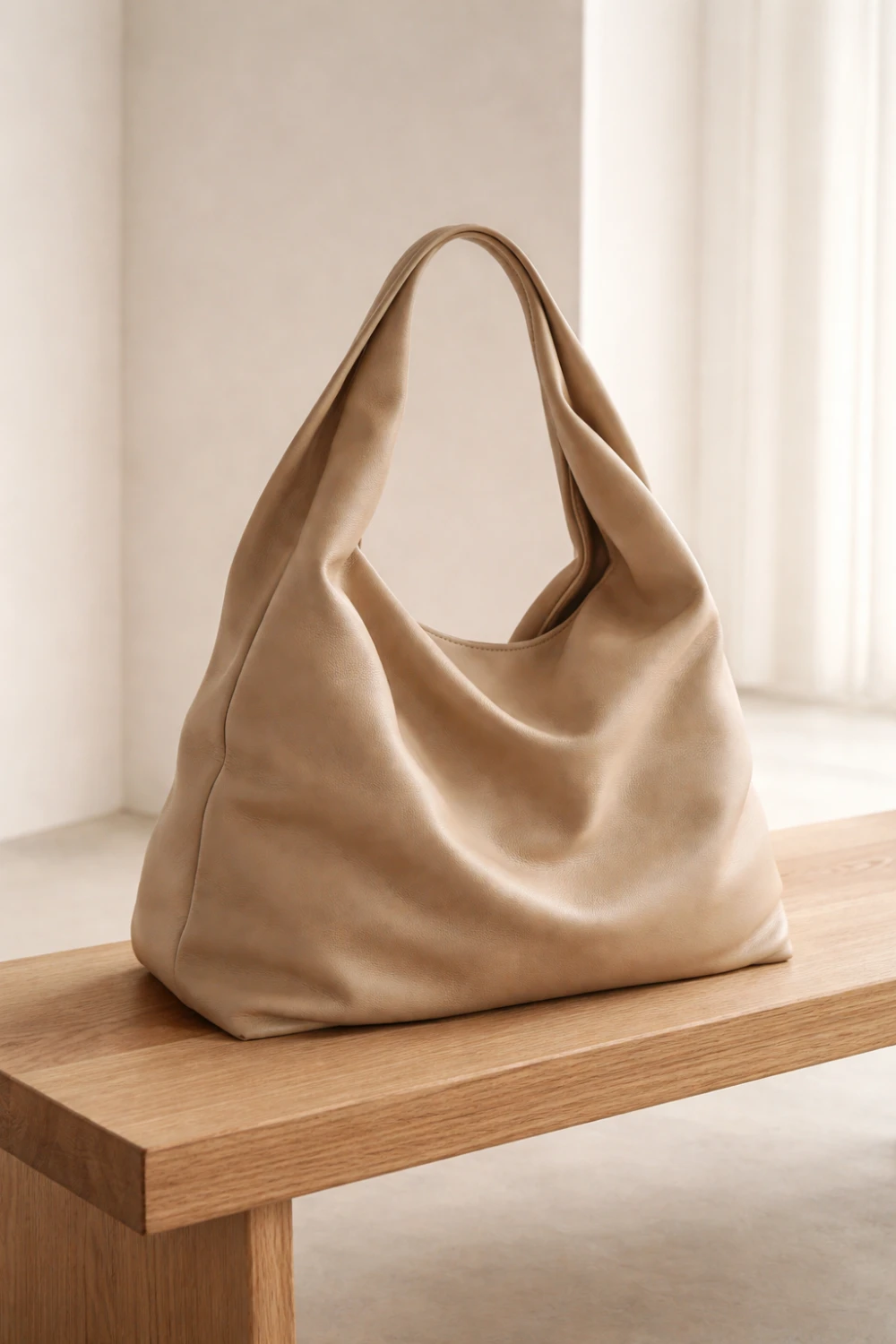 Elegant beige slouchy hobo handbag with soft leather folds placed on a minimalist wooden bench, modern luxury shoulder bag trend for women fashion 2026 aesthetic accessory.