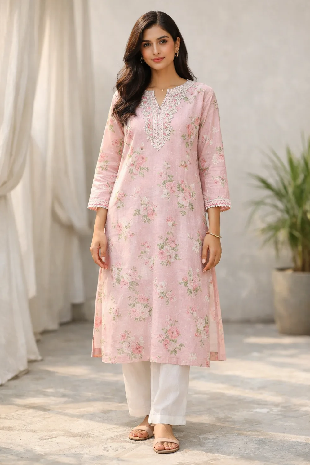 Soft pink floral embroidered kurti with delicate neckline threadwork, soft pastel floral prints, three quarter sleeves with lace detail paired with white trousers, elegant Pakistani designer kurti outfit perfect for summer casual fashion and everyday style inspiration.