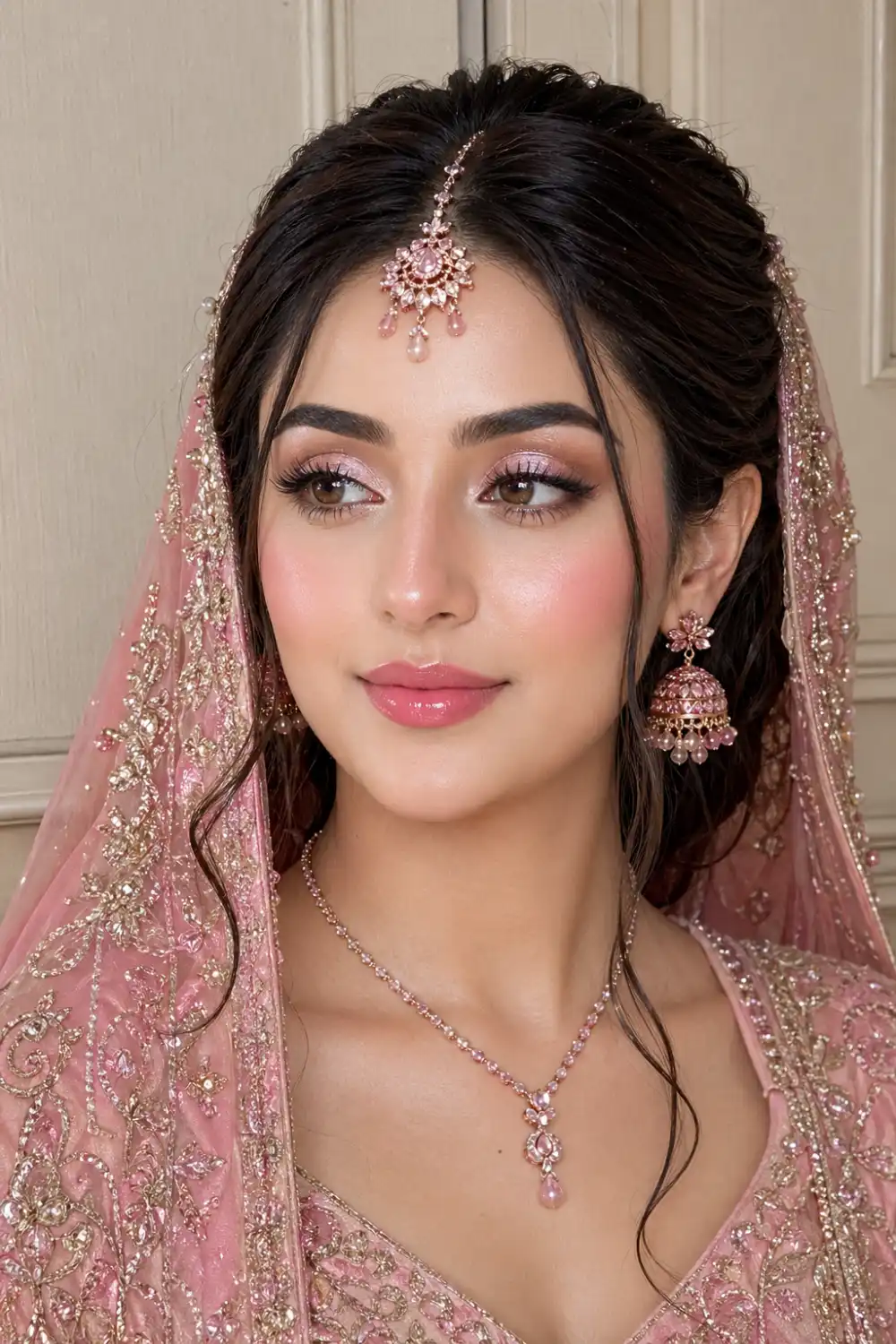 soft pink glam bridal makeup close up glowing skin glossy lips pink eyeshadow pakistani bride soft glam wedding look