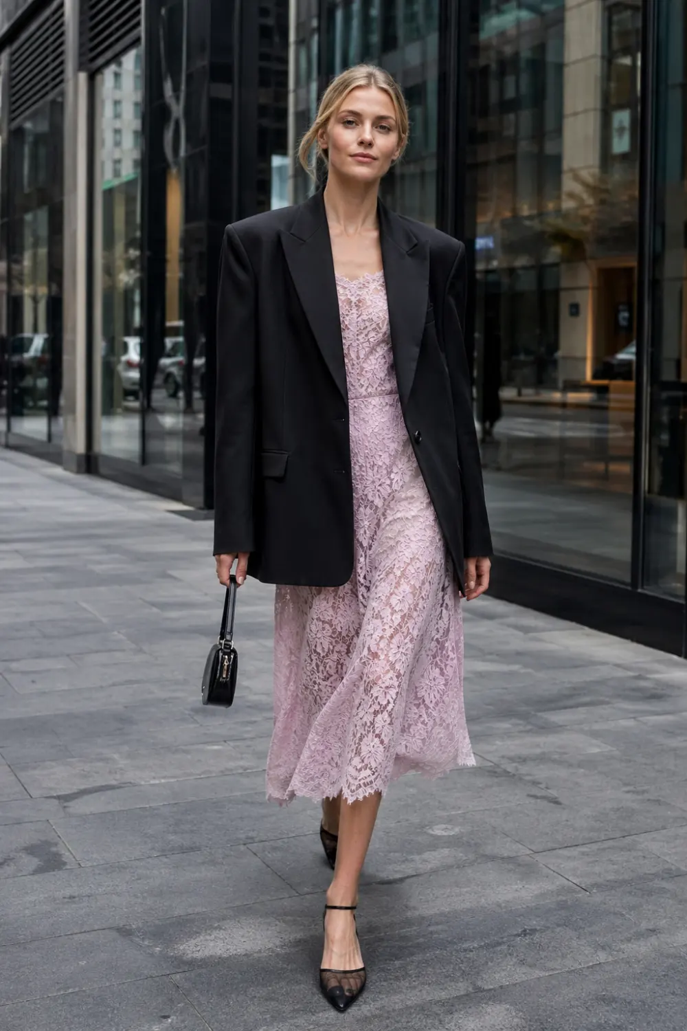 full body woman wearing blush lace midi dress with oversized black blazer, elegant street style outfit, feminine modern lace fashion look, chic city outfit inspiration, trendy lace dress styling 2026