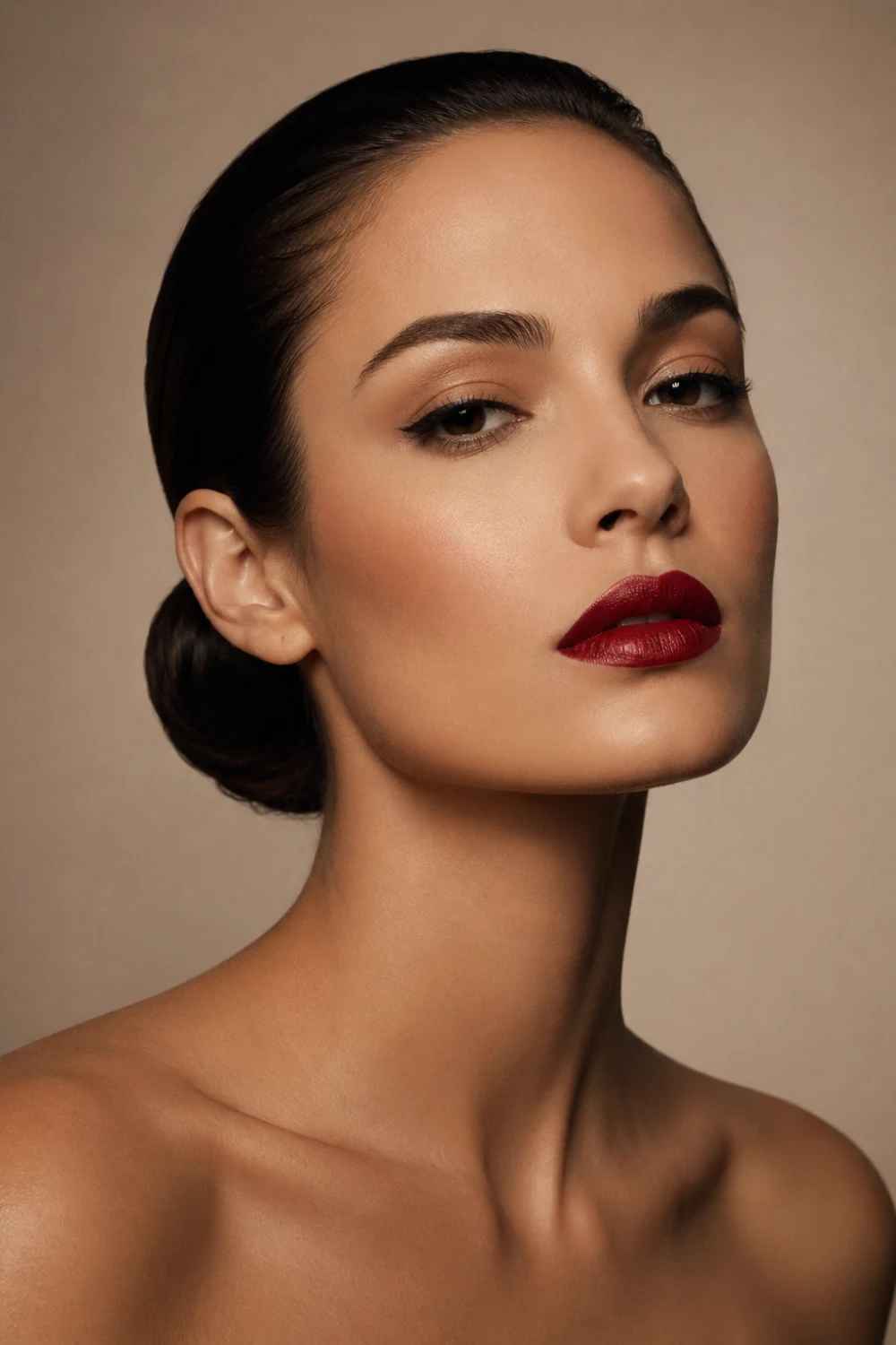 Classic Hollywood glam beauty portrait featuring a woman with perfectly slicked back hair styled into a neat low bun, bold rich red lipstick with sharp edges, smooth glowing skin with soft highlight, minimal eye makeup, neutral background, elegant timeless power glam aesthetic