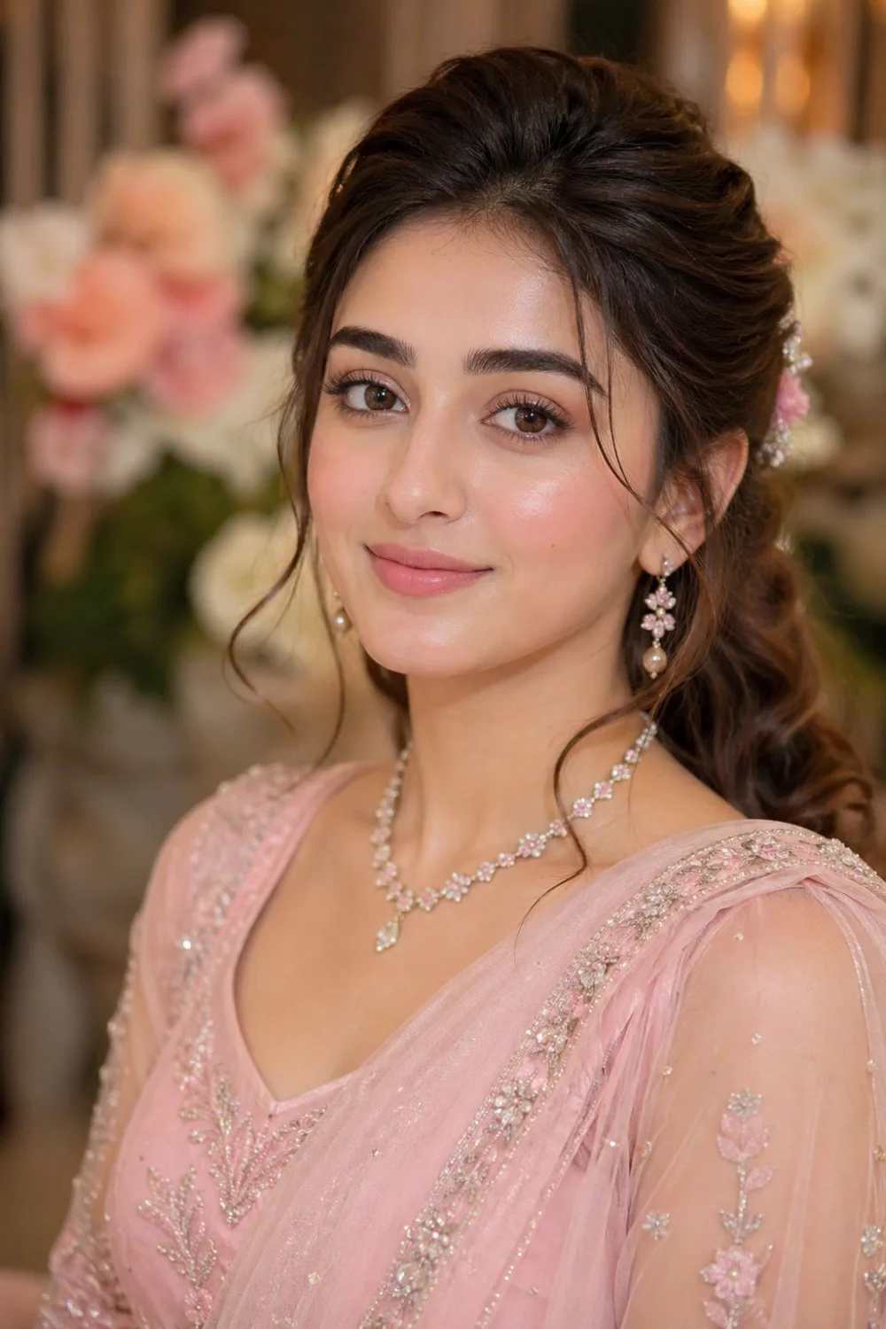 Soft rosy bridesmaid blush makeup look with glowing radiant skin, natural pink flush on cheeks, soft glam bridal makeup, Pakistani bridesmaid in pastel dress, face to chest portrait, salon lighting, flawless skin texture