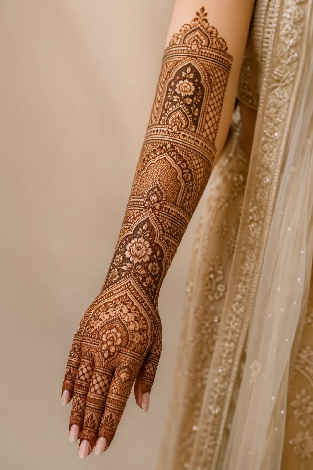 ultra detailed royal Mughal full sleeve mehndi design featuring arch patterns, intricate floral motifs, fine jaali work, symmetrical layout from fingertips to elbow, bridal hand with clean henna lines, soft natural lighting, elegant traditional wedding mehndi look