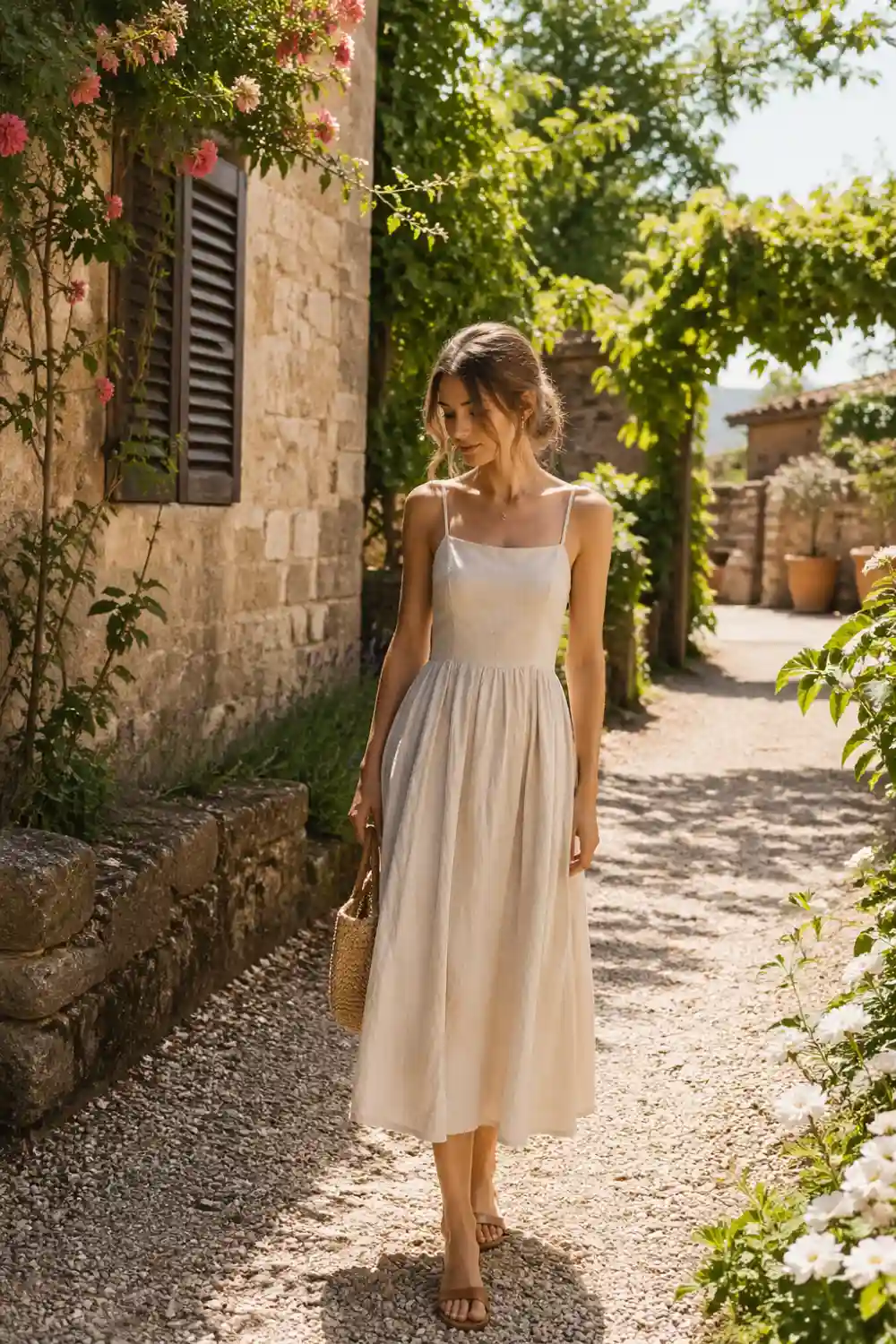full body soft linen midi dress outfit poetcore aesthetic neutral tones summer outfit romantic vintage style woven bag sandals outdoor garden setting natural light feminine look