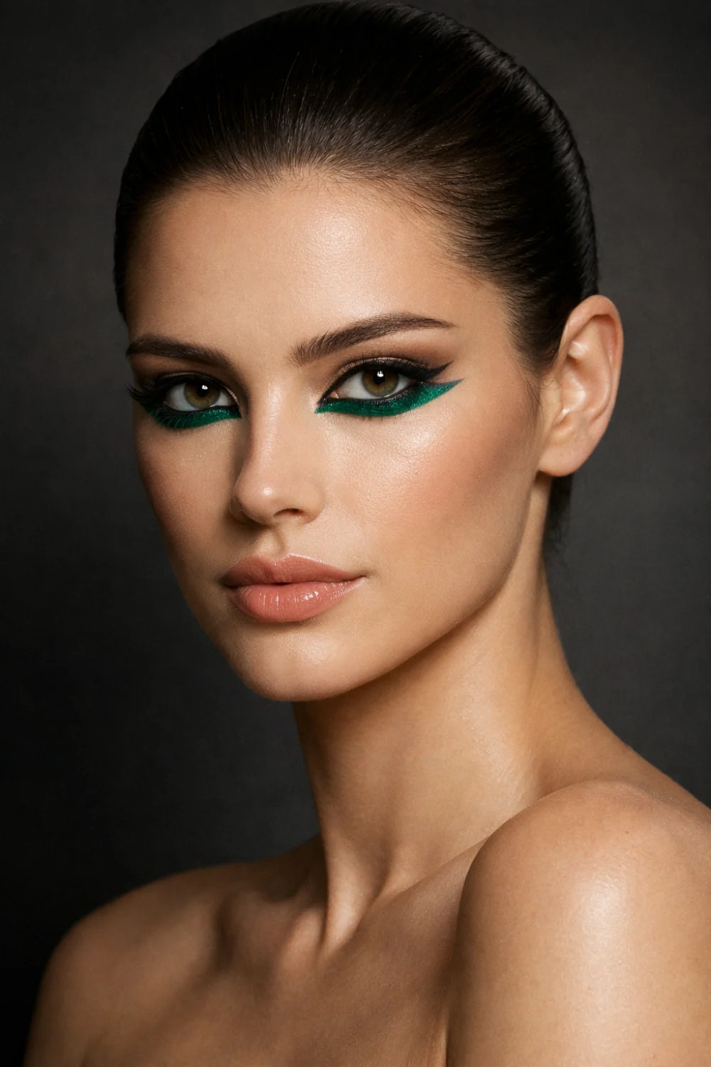 emerald graphic eyeliner look with bold green wing trendy eye makeup idea for modern glam beauty style