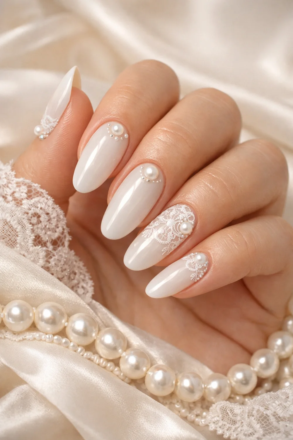 Elegant pearl lace manicure featuring creamy white nails with delicate lace details and pearl embellishments, glossy almond shaped nails creating a luxurious bridal lace nail design perfect for wedding manicure inspiration