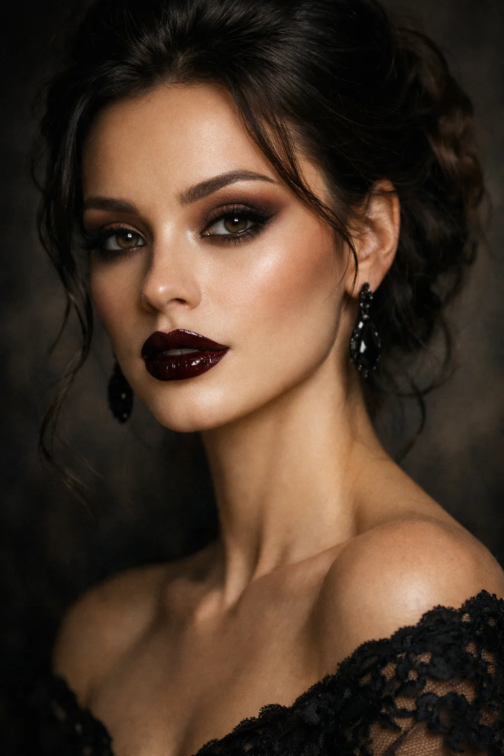 Black plum glam makeup featuring deep plum lipstick smoky eyes glowing skin and luxurious gothic romantic beauty aesthetic perfect for dramatic glam inspiration