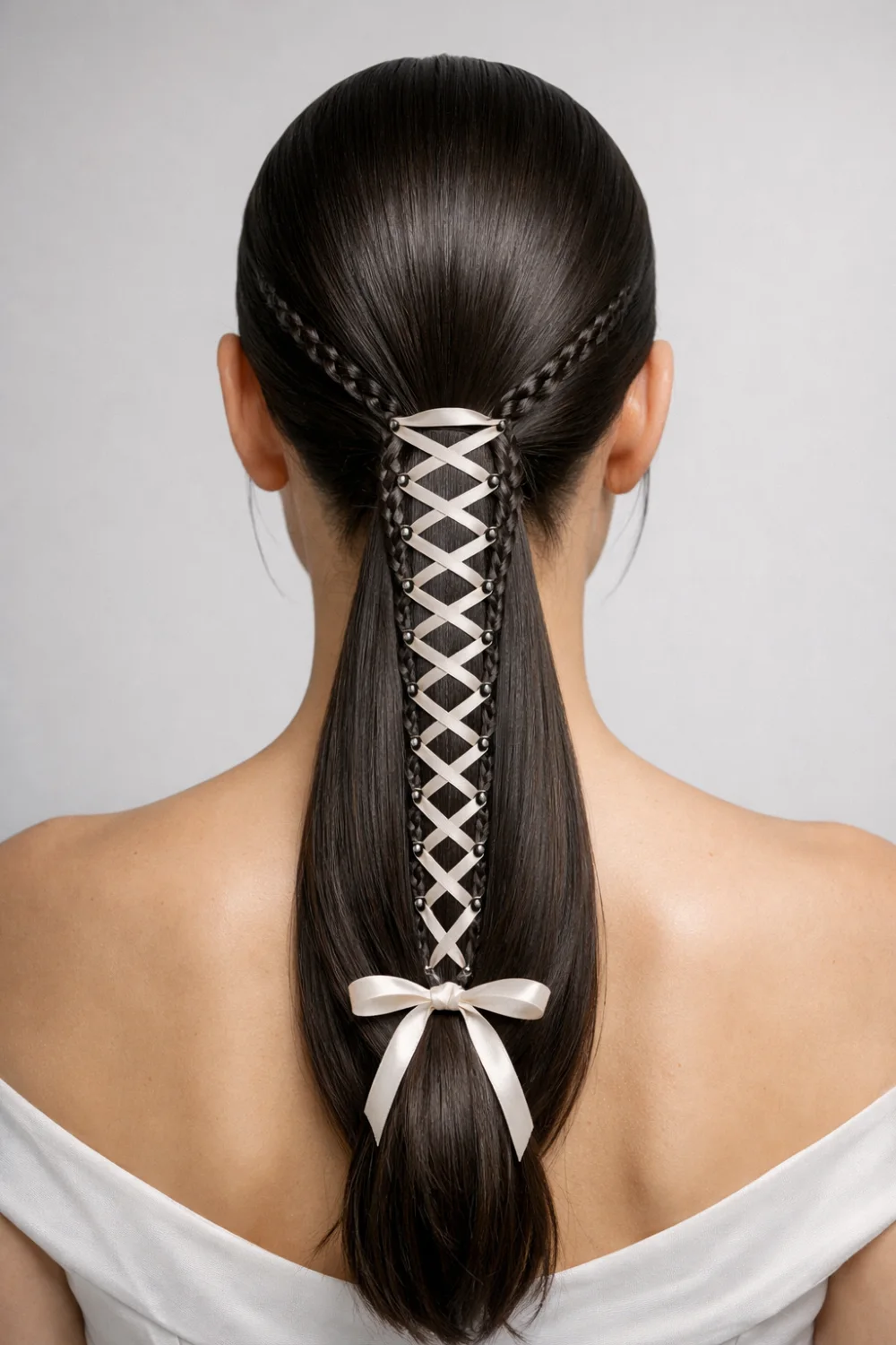 Elegant corset ponytail braid hairstyle with ribbon lacing and sleek ponytail creating a stylish corset pattern down the hair, modern braid hairstyle idea