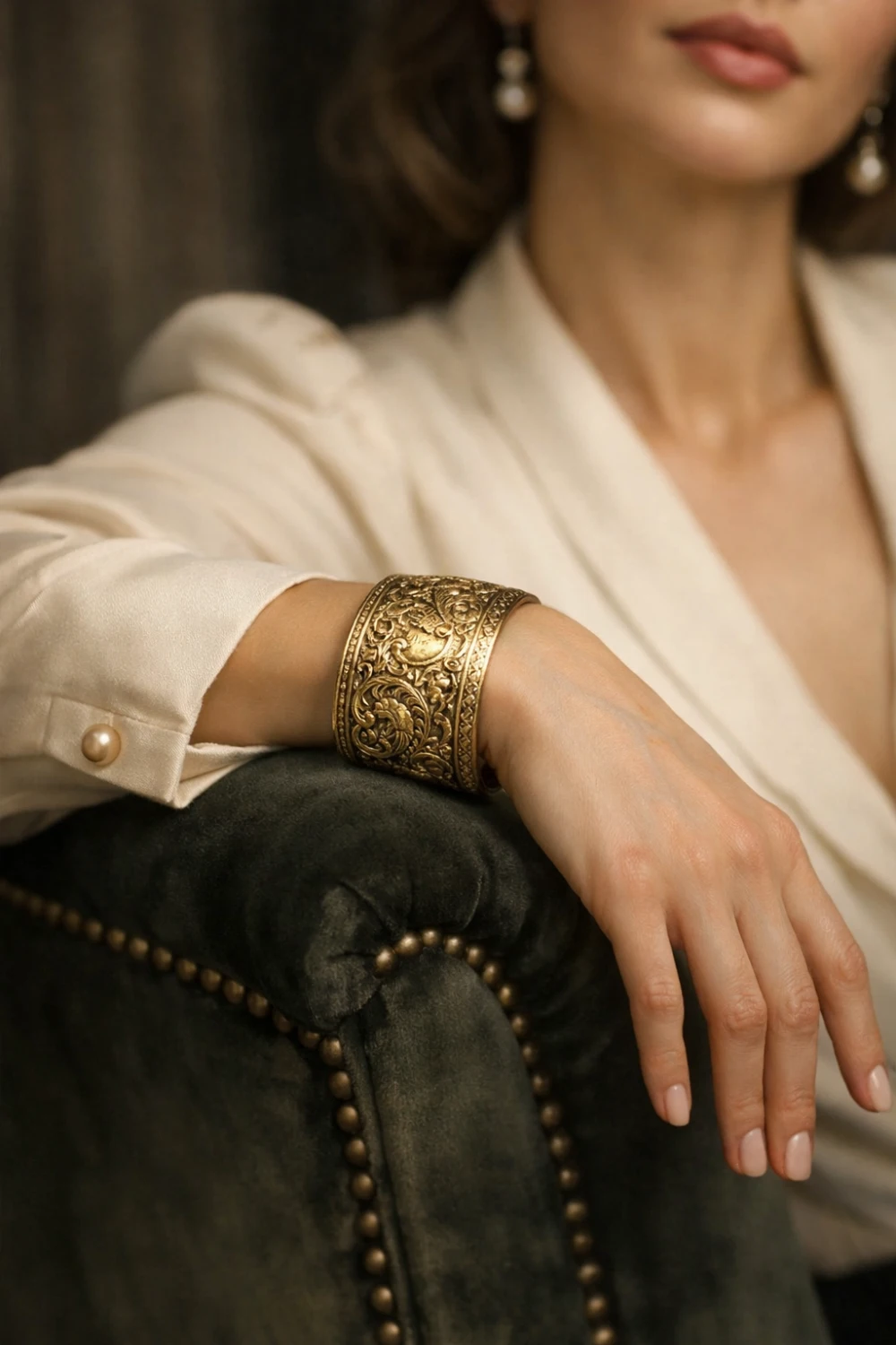 Vintage engraved gold bracelet worn with a classic blazer and elegant styling, showcasing intricate antique details that capture timeless old money jewelry elegance.