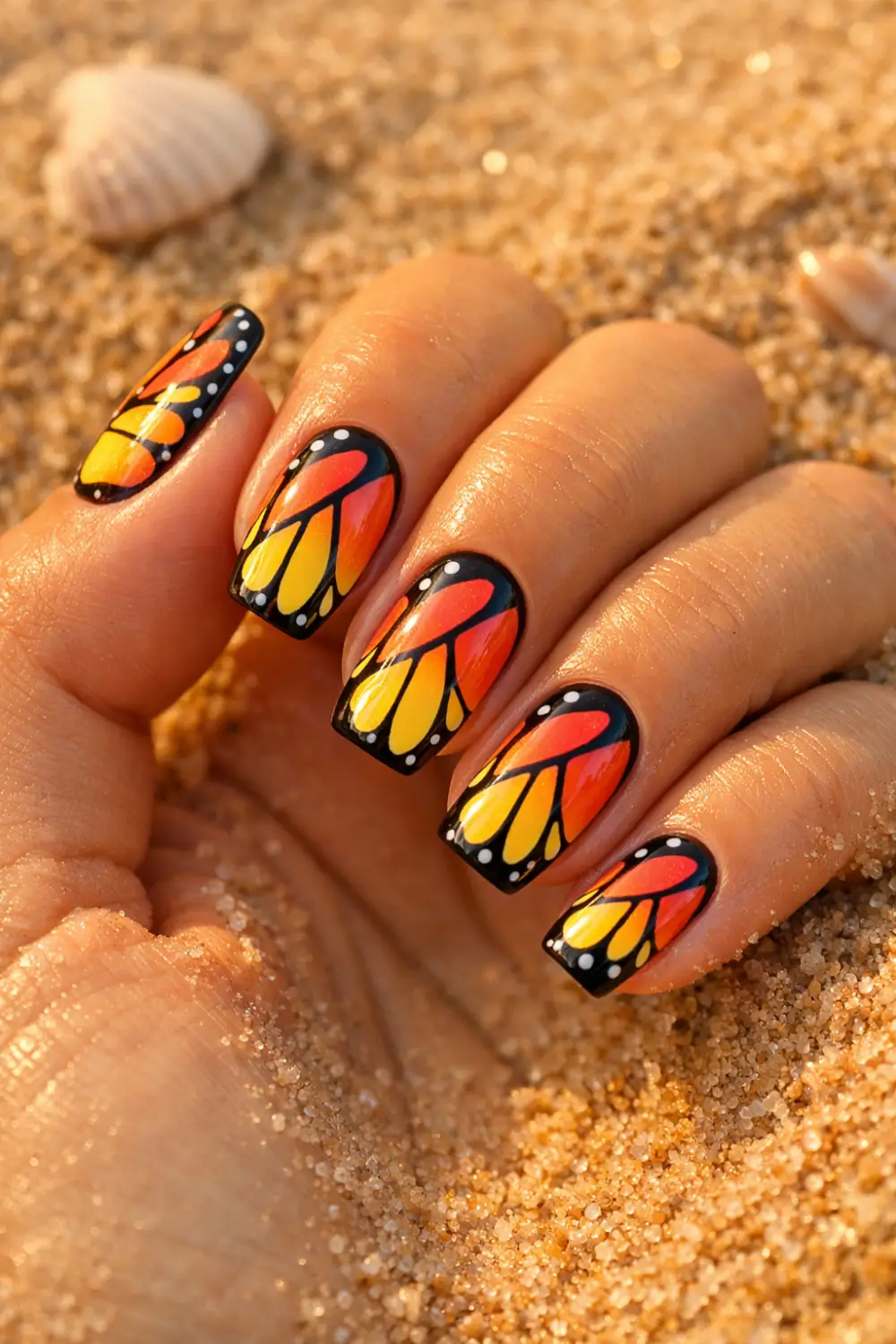 Elegant female hand holding gold jewelry showing butterfly wing nail art with nude base black wing outlines and gold foil accents glossy gel manicure