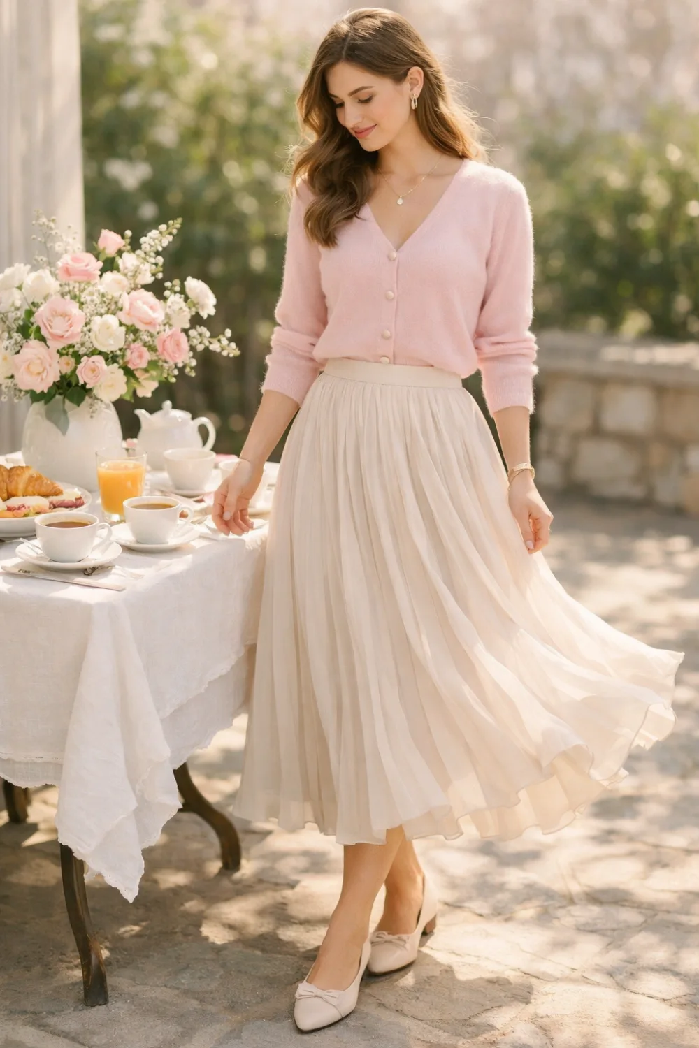 Woman wearing a soft pink cardigan tucked into a flowing pleated midi skirt with elegant flats beside a brunch table, creating a romantic spring brunch outfit inspiration