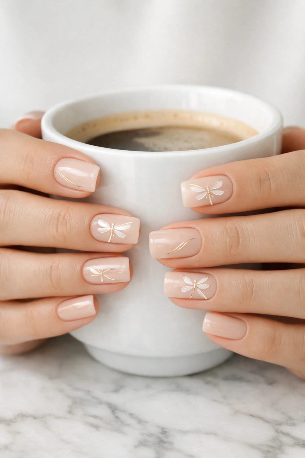 nude dragonfly nail art with simple white and gold design elegant manicure idea