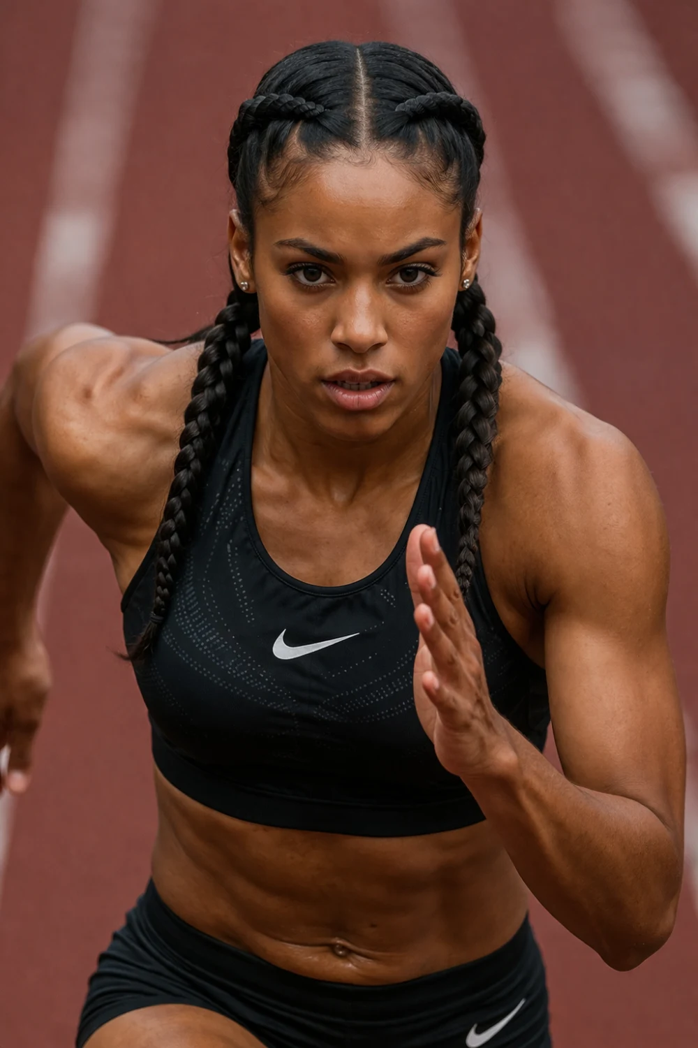 Female runner with boxer braids hairstyle sprinting on running track, sporty braid hairstyle inspiration for runners, athletic training hairstyle and track workout look
