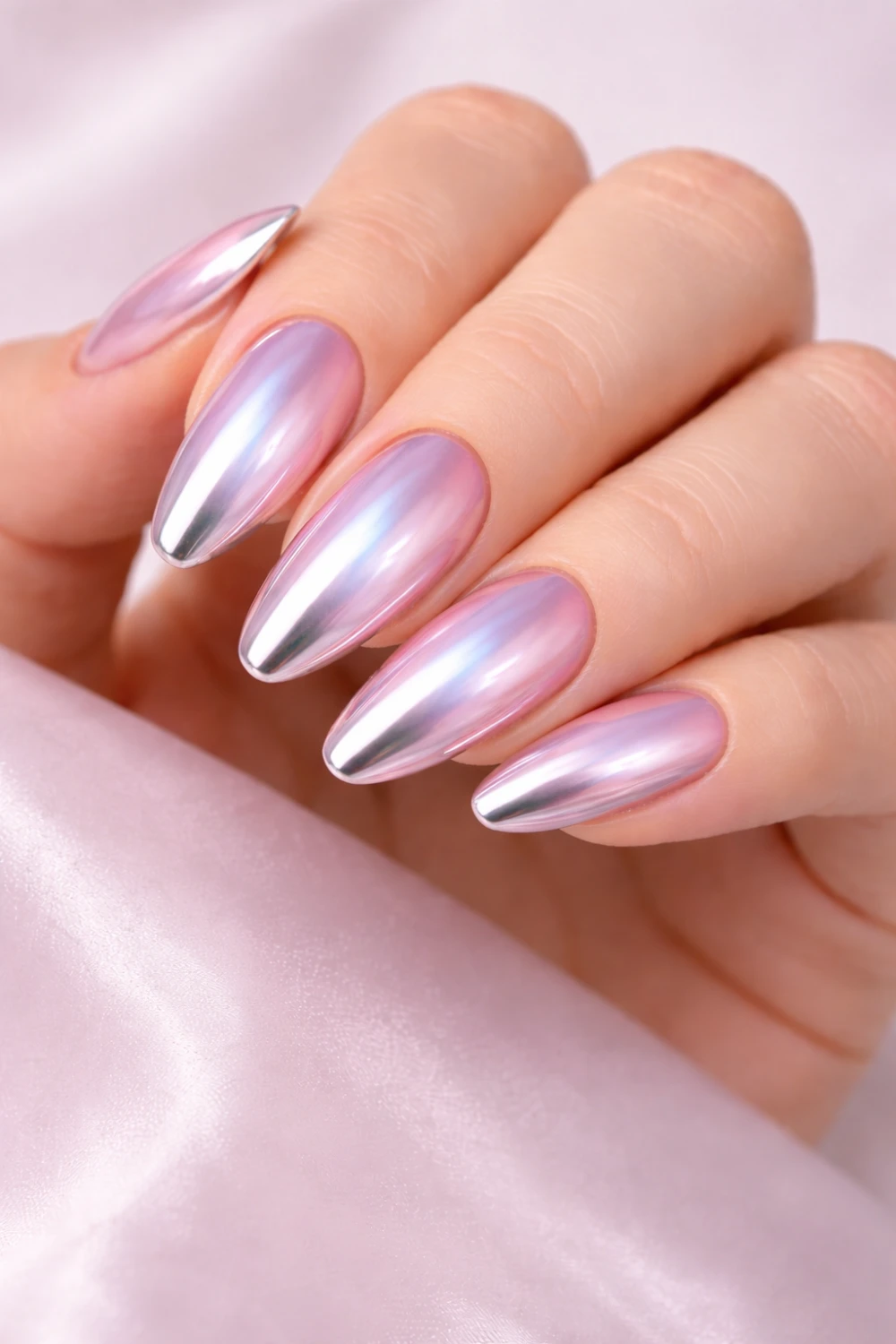 Soft aura chrome nails with pink purple gradient and reflective metallic shine on almond nails, glossy glowing manicure aesthetic, trendy aura chrome nail inspiration