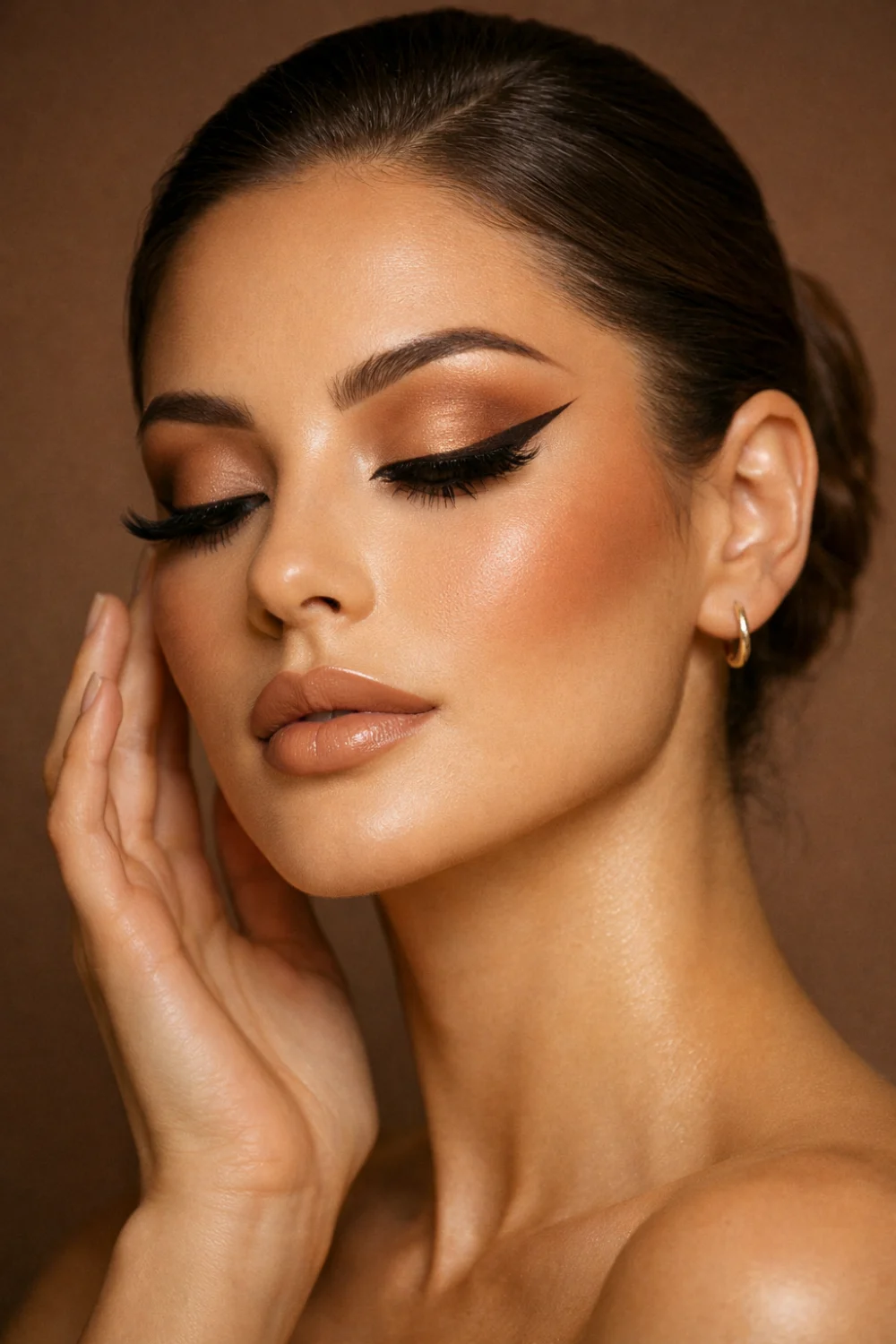Winged latte glam makeup look with caramel bronze eyeshadow bold winged eyeliner bronzed skin and nude lips creating a dramatic warm beauty aesthetic trending on Pinterest.