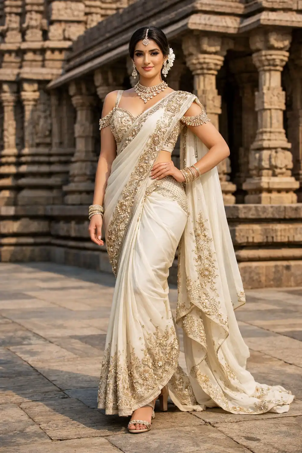 Elegant Indian bride wearing an ivory embroidered bridal saree with detailed gold embellishments and designer blouse, posing in a historic temple style architectural setting.