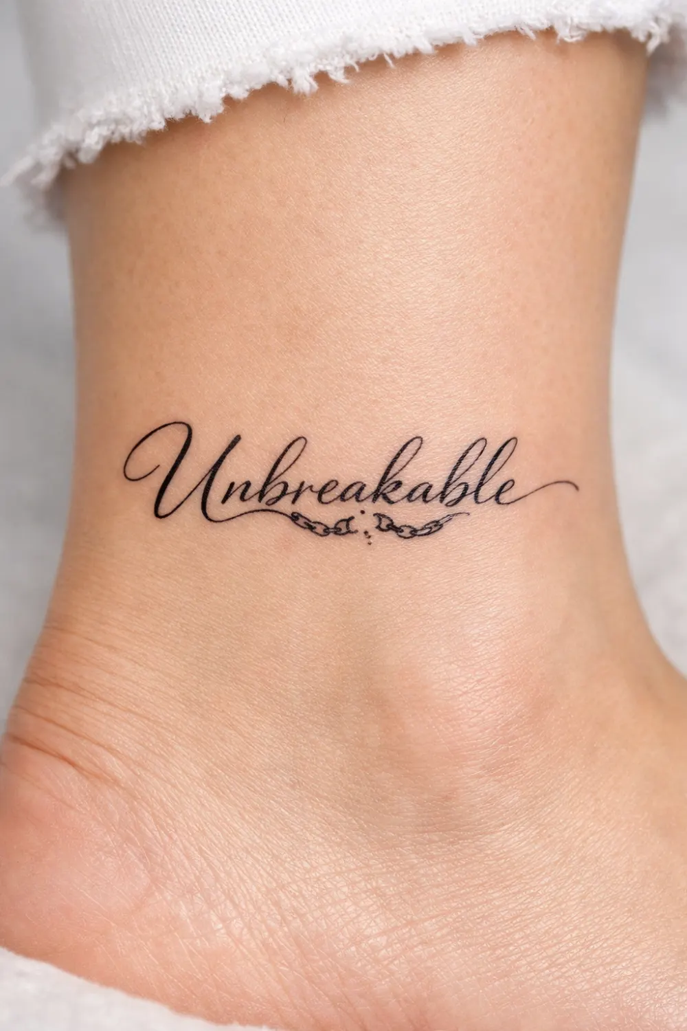 Unbreakable ankle script tattoo for women with broken chain detail symbolizing resilience strength and freedom, inspiring word tattoo trending on Pinterest feminine tattoos.