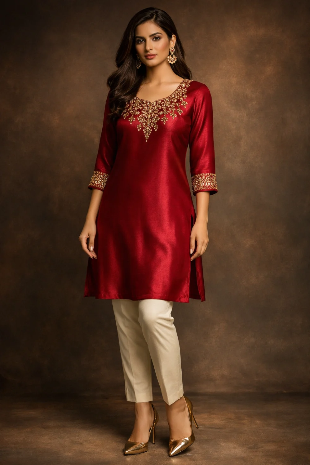 Ruby red silk embroidered kurti with elegant gold embroidery on neckline and sleeves paired with neutral trousers, beautiful festive designer kurti outfit inspiration.