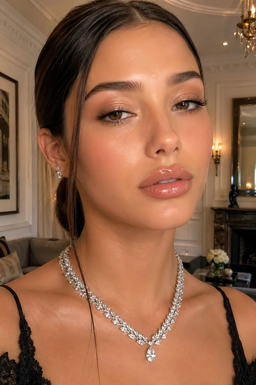glossy lip bridal makeup close up shiny lips glowing skin natural eyes soft glam bride modern wedding look