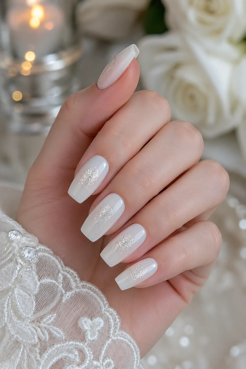 white diamond glow halo nails milky white gel nails soft shimmer center sparkle effect elegant bridal manicure glossy square nails minimal luxury